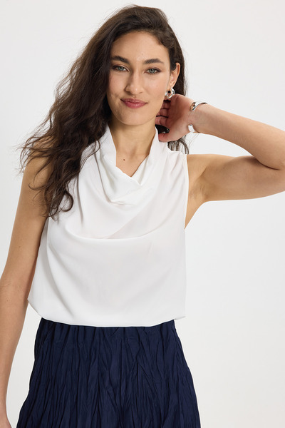 Tudors Bluză de damă, slim fit, cu guler Degaje, fără mâneci, ecru, cu două r...