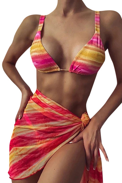 EFAYN.RO Costum de baie dama, 3 piese, motiv vesel cu dungi, portocaliu cu ro...