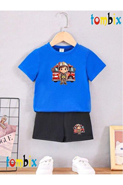 tombix Firefighter Children's Printed T-Shirt Shorts Summer Children's Set