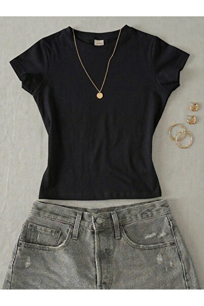 NİCE Γυναικείο μονόχρωμο μπλουζάκι χωρίς στάμπα - Κοντομάνικο μπλουζάκι Lycra