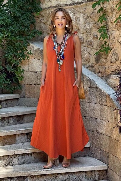 Nevin Kaya Moda Φόρεμα από 100% βαμβακερό λινό με ρυθμιζόμενο λουράκι σε χρώμ...