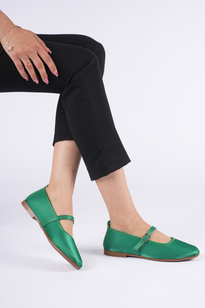 BENNU DERMO FASHİON Women's Green Satin Ballet Shoes