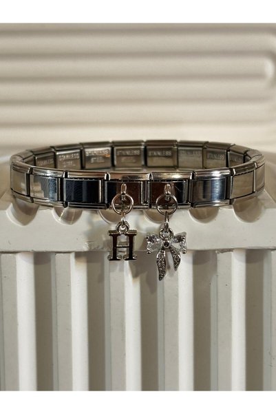 bijoux uniques taşlı kurdele H harfli çelik italyan bileklik