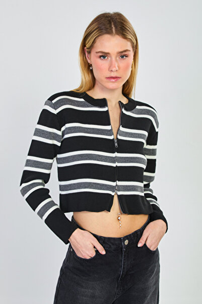 BARRELS AND OIL Γυναικεία ριγέ ζακέτα με διπλό φερμουάρ - Μαύρο