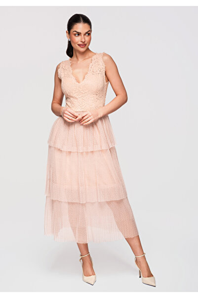 Larica Women's Midi Cocktail Dress Lace LA-OM-DLR337 Nude