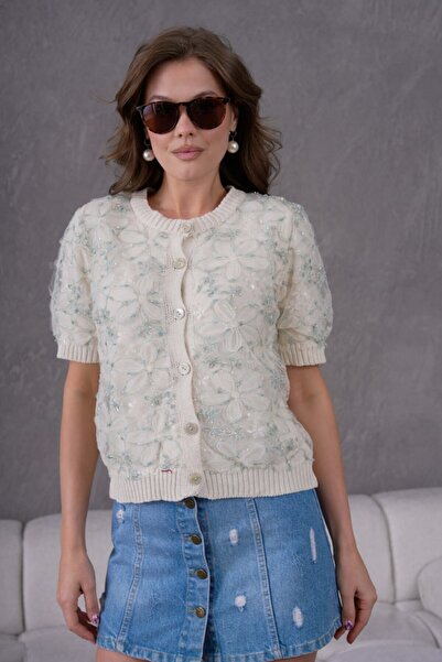 Noi Belis Floral Tulle Detailed Short Sleeve Knitwear Cardigan Ss26Hi0008