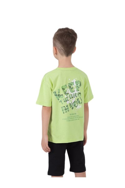 İrem Çocuk Giyim Boy's Two-Piece Set with the Only Way Text Pattern on the Front and Back, Pistachio Green Shorts