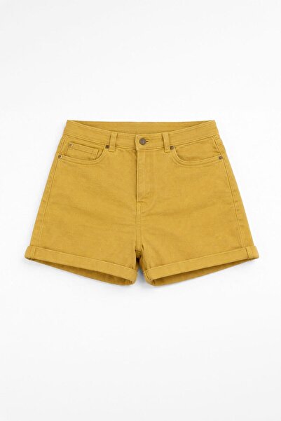 blue white Γυναικείο ψηλόμεσο κίτρινο σορτς Mom Jean με διπλωμένο τελείωμα