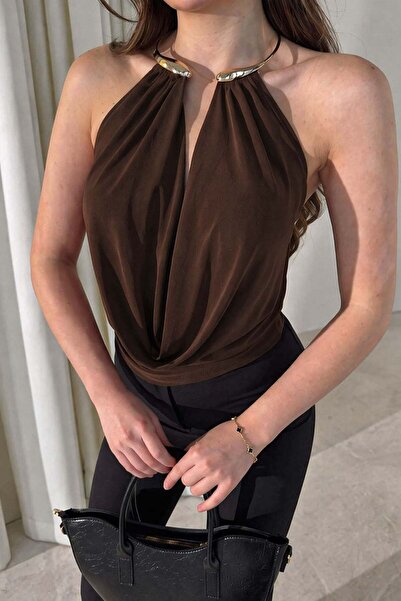 Deafox Кафяв аксесоар за врата, детайлна драпирана яка без гръб, блуза от пяс...