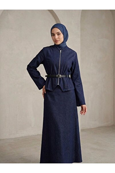 Foremia Zipper Detail Skirt Suit-Dark Blue