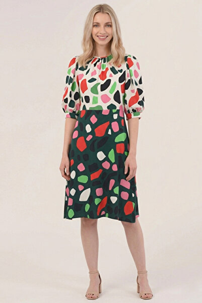 dorbe elegant abstract pebble print midi a-line dress with chic puff sleeves