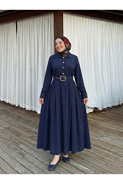 Foremia Half Pat Leather Belt Detailed Dress-Navy Blue
