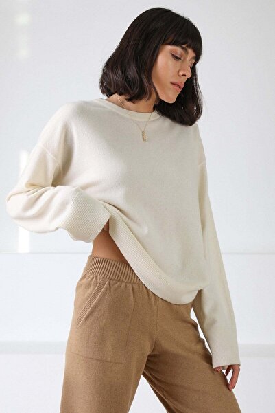 Ferraro Women's Ecru 100% Cashmere Crew Neck Soft Textured Knitwear Sweater S...