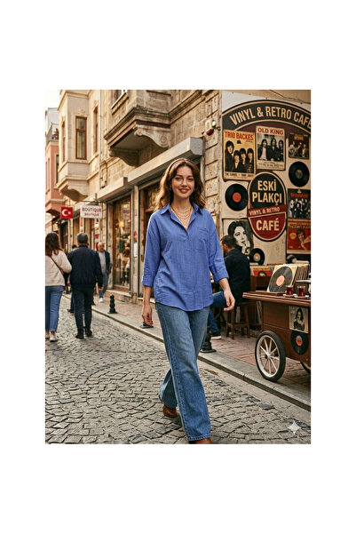 ZDN JEANS Kadın Mavi Rahat Kesim Keten Gömlek