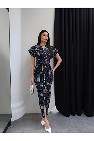 ESRAHELVACI Puantiyeli Bel Büzgülü Denim Elbise