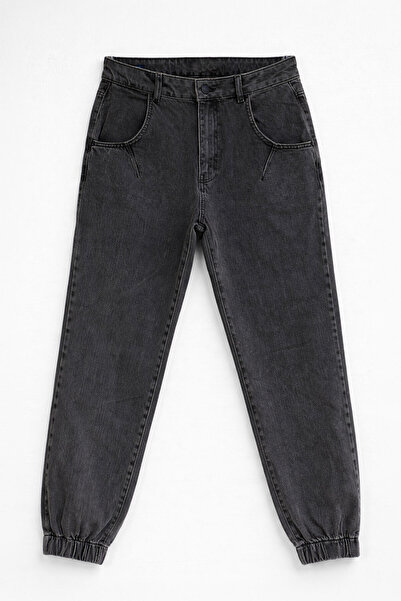 blue white Γυναικείο παντελόνι Mom Jean σε ανθρακί χρώμα με ελαστικό ψηλόμεσο...