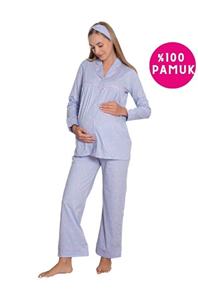 ALİMER Σετ πιτζάμες Hearted Pregnant Με κουμπιά μπροστά με μακριά μανίκια ελα...