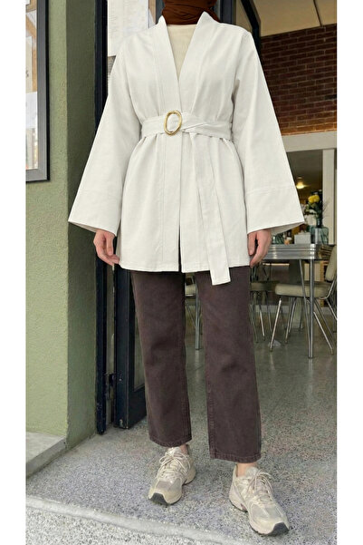 Lunsera Store Wide Cuff Belt Detail Jacket-Ecru