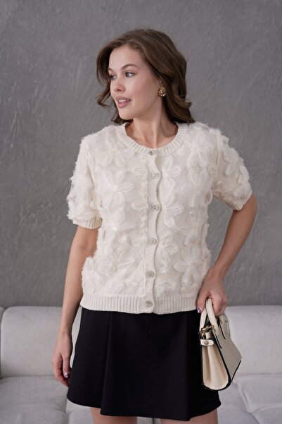Noi Belis Floral Tulle Detailed Short Sleeve Knitwear Cardigan Ss26Hi0009
