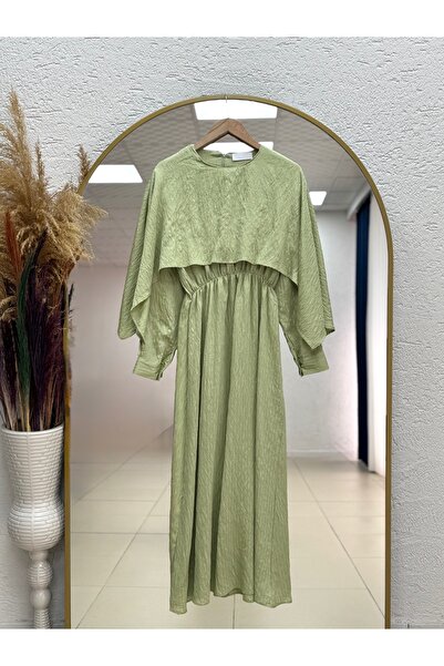 MİHRA STORE Φόρεμα με παγιέτες και ανεμοθραυστική κάπα-NA2422 Πράσινο Φιστικί