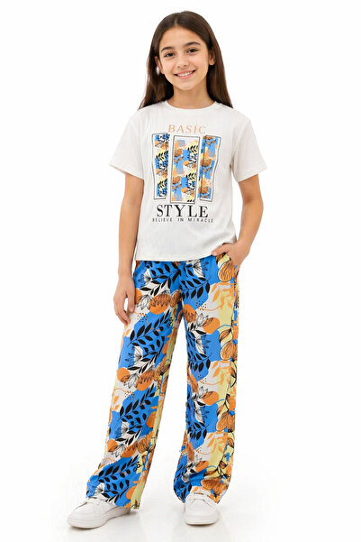 İrem Çocuk Giyim Girl's Basic Style Text Patterned T-Shirt and Trousers Blue ...