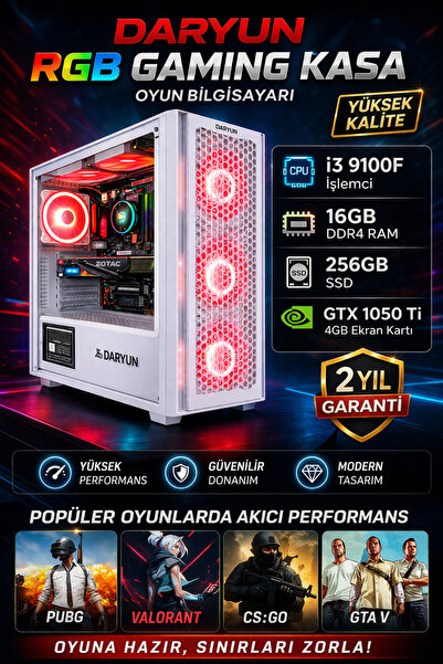 DARYUN Gaming Oyuncu Bilgisayarı i3 9100F 16GB RAM 256GB SSD GTX 1050 Ti 4GB ...