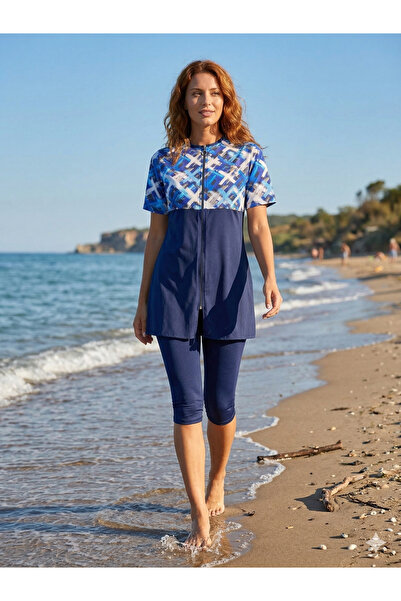 My-o Γυναικείο μαγιό με μπλε ναυτικό σχέδιο και μισό χιτζάμπ - Σετ μαγιό με κ...