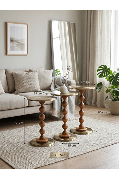 goji home decor 3'lü Ahşap Metal Sehpa Pirinç Kaplama 50-55-60 cm Naturel Cev...