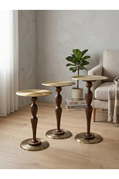 goji home decor 3'lü Ahşap Metal Sehpa Pirinç Kaplama 50-55-60 cm Naturel Cev...
