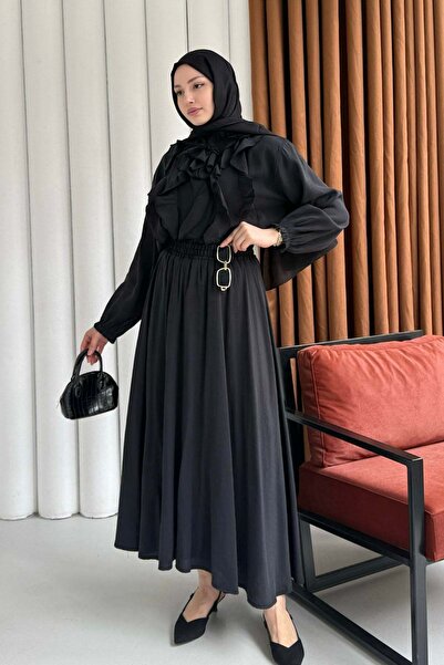 Modaensarbutik Bluzu Fırfırlı Etekli Tesettür Takım-SİYAH