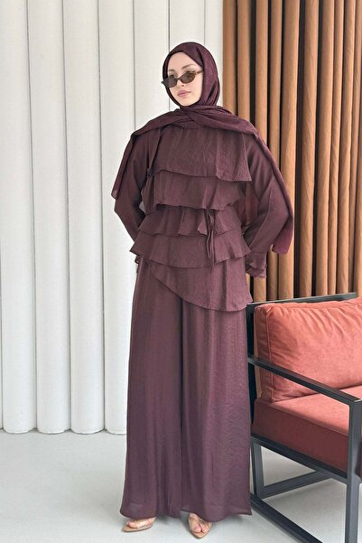 Modaensarbutik Ön Kat Kat Detaylı Asimetrik Kesim Pantolon Tesettür Takım-BORDO