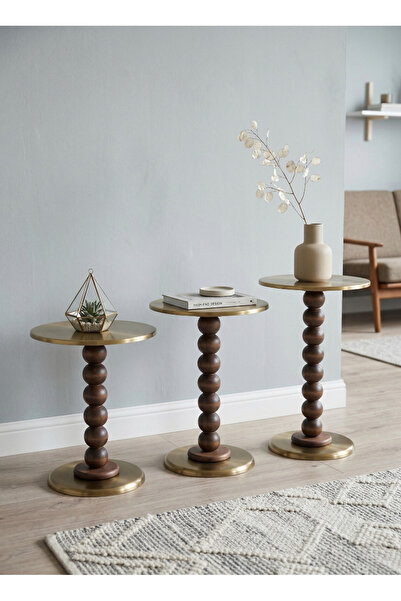 goji home decor 3'lü Ahşap Metal Sehpa Pirinç Kaplama 50-55-60 cm Naturel Cev...