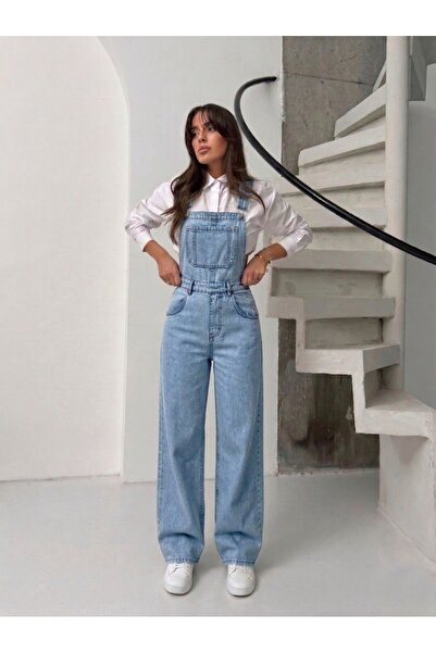 bluemarlin Μακρύ τζιν ολόσωμο παντελόνι με φαρδιά μπατζάκια και τιράντες, σε ...