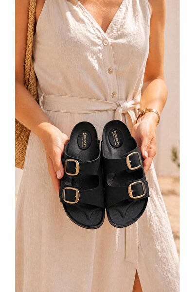 Moda Devrin Μαύρες Ορθοπεδικές Εξαιρετικά Ελαφριές Παντόφλες με Διπλή Πόρπη