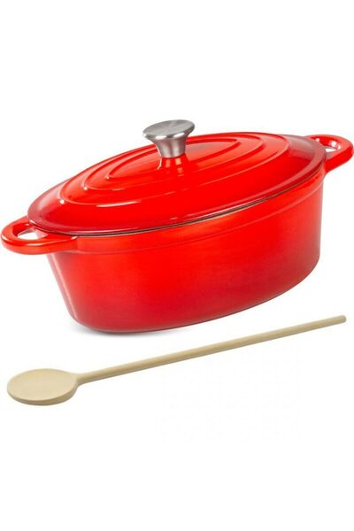 Magic Home Enameled cast iron pot with lid, oval, stainless steel handle, woo...