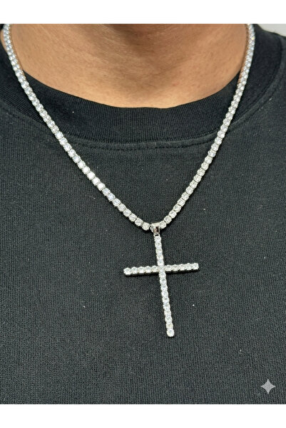 OEM Ανδρική αλυσίδα με μαύρο/ασημί σταυρό, από ανοξείδωτο ατσάλι με ασημί λεπ...