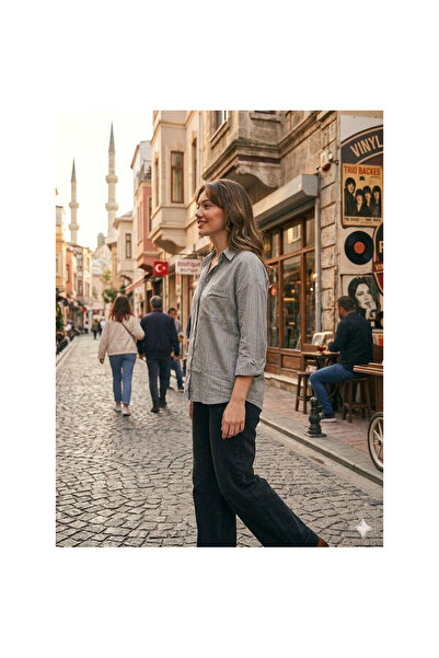 ZDN JEANS Kadın Gri Renk Rahat Kesim Keten Gömlek