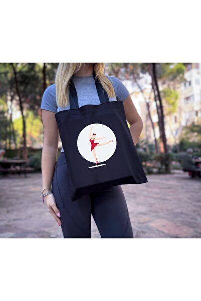 Balerin Baskılı Siyah Gabardin Bez Çanta 35x40 cm | DTF Baskı Tote Bag | Günlük Omuz Çantası