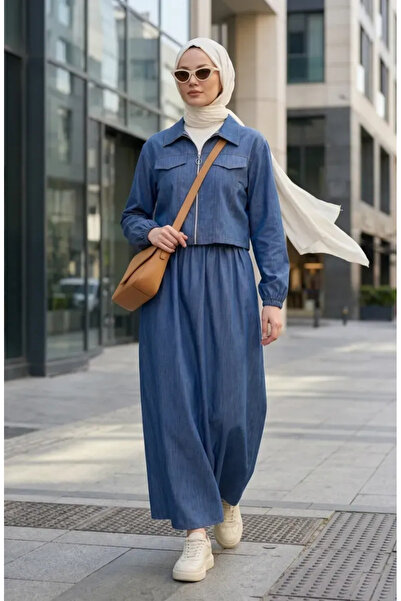sefamerve Zippered Denim Look Double Suit 0254-05 Denim Blue