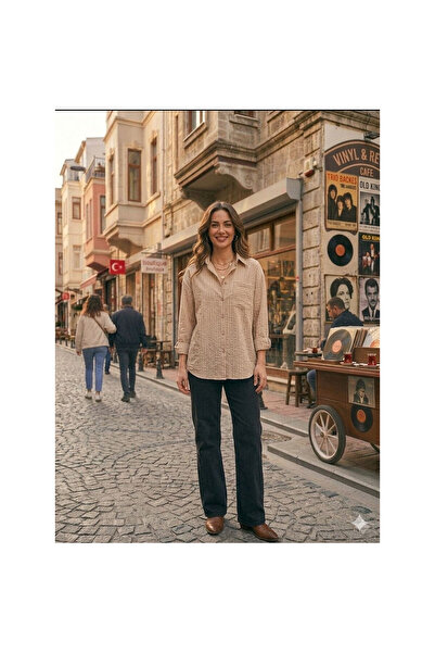 ZDN JEANS Kadın Taş Rengi Rahat Kesim Keten Gömlek
