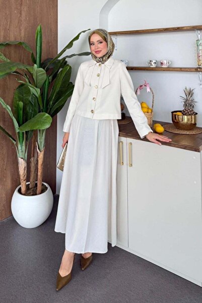 Hazamoda Σετ με φούστα και γιακά με φιόγκο, εκρού