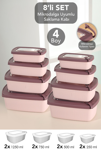 Meleni Home 8-Piece Rectangular Striped Microwaveable Lid Storage Container -...