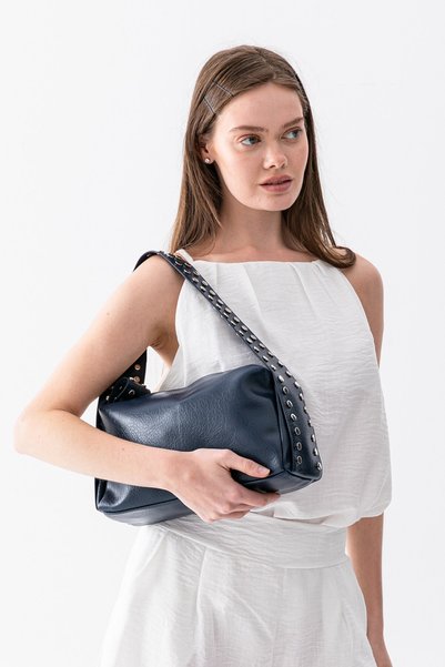Paul Brand Nova Soft Leather Look Staple Detailed Navy Blue Women's Baguette Hand and Shoulder Bag