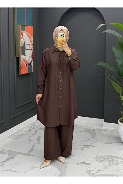 İLGEN FASHİON Fidan Mocha Relax Fit Σετ Δύο Τεμαχίων – Πουκάμισο Oversize & Π...