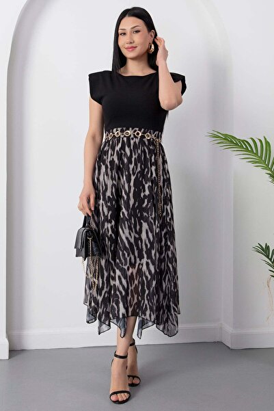 PULLIMM Φόρεμα με λαιμόκοψη ποδηλάτου και φούστα από σιφόν με ζώνη GRS3867