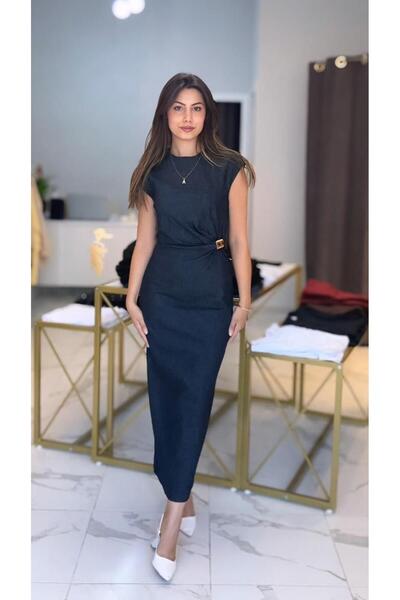 Denim gold detaylı elbise