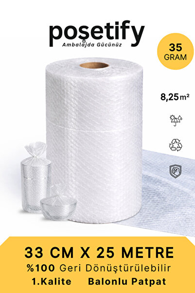 POŞETİFY 33 cm x 25 m Balonlu Naylon Patpat | 1.Sınıf | 3 Katlı | 8,25m2 | 35...