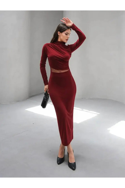 Mistix Κόκκινο βραδινό φόρεμα με διαφάνεια