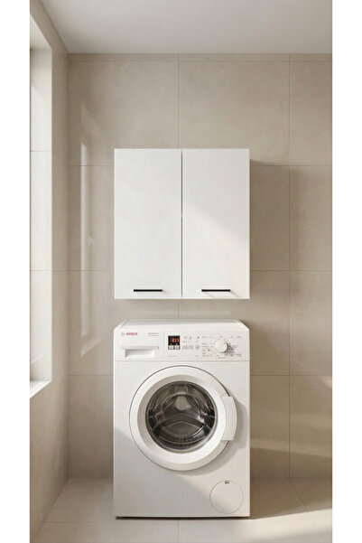 KermetHome Modern Banyo Dolabı 60 cm – Beyaz & Ahşap, Kapaklı, Raflı Depolama