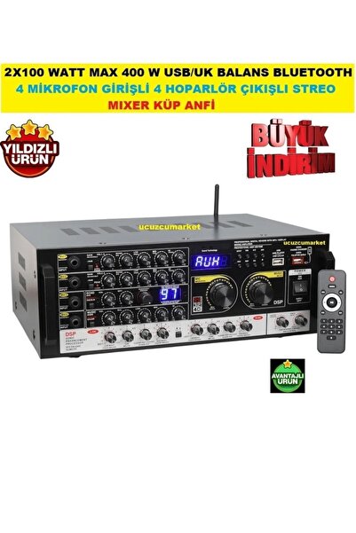 Uygun 2X100 WATT MAX 400 W USB/UK BALANS BLUETOOTH 4 MİKROFON GİRİŞ 4 HOPARLÖ...